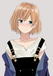 Rule 34 | 1girl, absurdres, blue eyes, blush, brown hair, closed mouth, commentary, english commentary, head tilt, highres, jacket, looking at viewer, miyamori aoi, norman maggot, off shoulder, overalls, shirobako, shirt, short hair, simple background, smile, white shirt