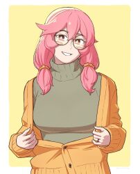 Rule 34 | 1girl, border, breasts, buttons, cardigan, glasses, green sweater, hair between eyes, hair ornament, hair scrunchie, highres, jewelry, large breasts, long sleeves, looking at viewer, medium hair, open cardigan, open clothes, original, outside border, pink eyes, pink hair, rida (vibrantrida), ring, scrunchie, sidelocks, smile, solo, sweater, turtleneck, turtleneck sweater, twintails, upper body, vibrantrida, white border, yellow-framed eyewear, yellow background, yellow cardigan