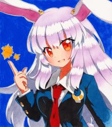 Rule 34 | 1girl, animal ears, bad id, bad pixiv id, blue background, blue jacket, blue sleeves, breasts, collar, collared jacket, collared shirt, crescent, hair between eyes, hand up, jacket, light purple hair, long hair, long sleeves, looking at viewer, medium breasts, multicolored eyes, necktie, open mouth, orange eyes, pointing, purple hair, qqqrinkappp, rabbit ears, red eyes, red necktie, reisen udongein inaba, shikishi, shirt, simple background, smile, solo, touhou, traditional media, upper body, white hair, white shirt, white sleeves