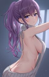 Rule 34 | 1girl, absurdres, asahina mafuyu, ass, back, backless dress, backless outfit, blush, breasts, butt crack, closed mouth, commentary request, dress, from side, grey sweater, highres, long hair, looking at viewer, loulis 0115, median furrow, medium breasts, meme attire, ponytail, project sekai, purple eyes, purple hair, sideboob, sidelocks, sleeveless, sleeveless sweater, solo, sweater, sweater dress, turtleneck, turtleneck sweater, virgin killer sweater