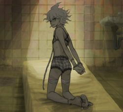 Rule 34 | ass, bare arms, barefoot, bed, blush, bra, chain, collar, commentary, crossdressing, cuffs, danganronpa (series), danganronpa 2: goodbye despair, from behind, grey hair, handcuffs, kneeling, komaeda nagito, lace trim, looking back, medium hair, messy hair, metal collar, nail polish, on bed, open mouth, red nails, short hair, sink, smile, solo, tile wall, tiles, underwear, underwear only, yandr4hope