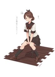 Rule 34 | 1girl, absurdres, bad id, bad pixiv id, black sailor collar, black skirt, brown hair, brown neckerchief, commentary request, full body, highres, kantai collection, looking at viewer, neckerchief, ponytail, sagoromo 04, sailor collar, school uniform, serafuku, shikinami (kancolle), shikinami kai ni (kancolle), simple background, sitting, skirt, solo, stool, translation request, white background, wooden floor