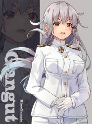 Rule 34 | 1girl, alternate costume, breast pocket, breasts, character name, facial scar, gangut (kancolle), gloves, grey hair, highres, himeyamato, jacket, kantai collection, large breasts, long hair, long sleeves, military, military uniform, pants, pocket, red eyes, scar, scar on cheek, scar on face, solo, two side up, uniform, white gloves, white jacket, white pants, white uniform