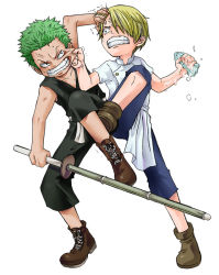 Rule 34 | 2boys, aged down, anger vein, ankle boots, black shirt, blonde hair, blue pants, blush, bokken, boots, brown footwear, clenched hand, clenched teeth, fighting, green hair, hair over one eye, holding, holding sword, holding weapon, kumahoyoyo, leg up, male focus, multiple boys, one piece, pants, parted lips, roronoa zoro, sanji (one piece), shirt, short sleeves, simple background, sleeveless, standing, standing on one leg, sword, tank top, teeth, weapon, white background, white shirt, wooden sword