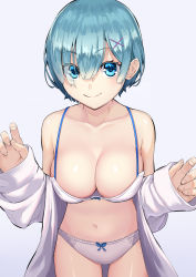 Rule 34 | 1girl, bare shoulders, blue bow, blue eyes, blue hair, bow, bow panties, bra, breasts, cleavage, collarbone, commentary request, ebinomi, eyes visible through hair, hair ornament, hair over one eye, highres, large breasts, long sleeves, looking at viewer, navel, off-shoulder shirt, off shoulder, open clothes, open shirt, panties, re:zero kara hajimeru isekai seikatsu, rem (re:zero), ribbon, shirt, short hair, simple background, smile, solo, stomach, underwear, white background, white bra, white panties, white shirt, x hair ornament