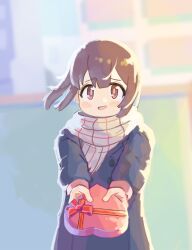 Rule 34 | 1girl, :d, black coat, blue hair, blurry, blurry background, blush stickers, box, brown eyes, brown hair, coat, commentary, gustavo schuler, hair between eyes, heart-shaped box, highres, hozuki momiji, incoming gift, long sleeves, looking at viewer, multicolored hair, onii-chan wa oshimai!, open mouth, plaid, plaid scarf, scarf, short hair, smile, solo, two-tone hair, valentine, wind