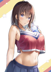 Rule 34 | 1girl, :o, bare arms, bare shoulders, blue eyes, blue skirt, blush, bottle, breasts, brown hair, cheerleader, cowboy shot, crop top, crop top overhang, highres, holding, holding bottle, large breasts, looking at viewer, navel, open mouth, original, shiro kuma shake, short hair, skirt, sleeveless, solo, star (symbol), stomach, water bottle, white background