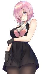 Rule 34 | 1girl, alternate costume, arm at side, bare arms, bare shoulders, black dress, black gloves, black pantyhose, blush, bra, breasts, cleavage, closed mouth, collarbone, cowboy shot, dress, fate/grand order, fate (series), frilled bra, frills, from below, gloves, hair over one eye, hand on own arm, kanikou, looking at viewer, looking down, mash kyrielight, medium breasts, open clothes, open dress, pantyhose, pink bra, pink hair, purple eyes, serious, short hair, simple background, sleeveless, sleeveless dress, solo, standing, thigh gap, tsurime, underwear, white background