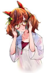 Rule 34 | 1girl, adjusting eyewear, animal ears, bespectacled, blush, breasts, brown eyes, casual, collarbone, commentary, glasses, highres, horse ears, horse girl, looking at viewer, medium breasts, mizusaki rain, nice nature (umamusume), open mouth, portrait, red hair, short twintails, simple background, solo, twintails, umamusume, white background