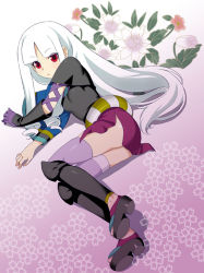 Rule 34 | 1girl, breasts, katanagatari, long hair, lying, mattaku mousuke, red eyes, sandals, skirt, small breasts, solo, thighhighs, toeless legwear, togame, white hair