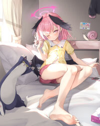 Rule 34 | 1girl, barefoot, black wings, blue archive, blush, closed mouth, collared shirt, commentary request, curtains, double-parted bangs, feathered wings, full body, haamon (harmon), hair between eyes, halo, hand up, head wings, highres, indoors, koharu (blue archive), legs, looking at viewer, messy hair, midriff peek, navel, on bed, one eye closed, phone, pink eyes, pink hair, pink halo, pink shorts, puffy short sleeves, puffy sleeves, shirt, short shorts, short sleeves, shorts, sitting, solo, stuffed animal, stuffed cat, stuffed toy, thighs, tissue box, toes, unworn shirt, winged halo, wings, yellow shirt