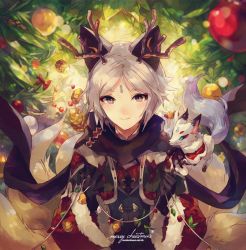 Rule 34 | androgynous, animal, animal ears, antlers, ayakashi onmyouroku, black gloves, blue eyes, bow, christmas, christmas lights, christmas ornaments, christmas tree, coat, english text, facial mark, forehead mark, fox, fox ears, fox tail, gender request, gloves, horns, long sleeves, merry christmas, multiple tails, pinecone, pipe fox, purple eyes, reindeer antlers, ribbon, santa costume, scarf, short hair, smile, solo, tail, text focus, tree, welchino, white hair