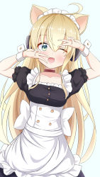 Rule 34 | 1girl, ;o, absurdres, albacore (a catty surprise!) (azur lane), albacore (azur lane), animal ears, apron, azur lane, black dress, blonde hair, buttons, cat ears, cat girl, cien (shikanokuni), collar, double-breasted, double v, dress, fang, frilled apron, frilled dress, frills, green eyes, hands up, highres, long hair, looking at viewer, maid headdress, one eye closed, short sleeves, smile, solo, star (symbol), star in eye, symbol in eye, v, v over eye, v over mouth, very long hair, white apron, wrist cuffs