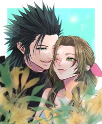 1boy 1girl aerith_gainsborough bare_shoulders black_hair black_sweater blue_eyes blurry blurry_foreground border brown_hair closed_mouth couple crisis_core_final_fantasy_vii dress final_fantasy final_fantasy_vii flower green_eyes hair_ribbon heads_together heart height_difference lips long_hair looking_at_another one_eye_closed open_mouth outside_border parted_bangs pink_lips pink_ribbon ponytail ribbed_sweater ribbon s_kouta_s short_hair sidelocks smile spiked_hair sweater turtleneck turtleneck_sweater upper_body white_border yellow_flower zack_fair