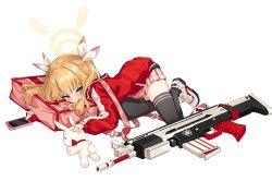 Rule 34 | 1girl, absurdres, black thighhighs, blonde hair, blue archive, blush, cellphone, full body, gun, hair ribbon, halo, highres, holding, hood, hood down, jacket, long hair, long sleeves, looking at viewer, lying, on stomach, phone, red jacket, ribbon, shoes, short shorts, shorts, skirt, smartphone, solo, stuffed animal, stuffed rabbit, stuffed toy, thighhighs, toombo12, twintails, weapon, white background, white ribbon, yellow eyes, yoshimi (blue archive)