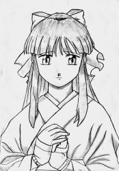 1girl breasts fingerless_gloves gloves hair_ribbon highres japanese_clothes long_hair looking_at_viewer monochrome own_hands_together ponytail ribbon sakura_taisen sega shinguuji_sakura sketch small_breasts smile solo traditional_media