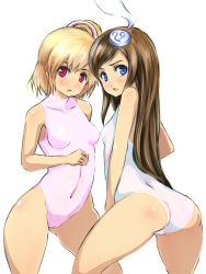Rule 34 | 2girls, ass, blonde hair, blue eyes, blush, breasts, brown hair, cameltoe, cleft of venus, emilia percival, hair ornament, highres, johan (johan13), long hair, lumia waber, multiple girls, one-piece swimsuit, phantasy star, phantasy star portable 2, red eyes, side ponytail, small breasts, swimsuit