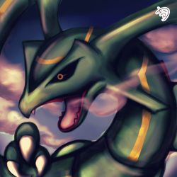 Rule 34 | black sclera, blue sky, claws, cloud, colored sclera, creatures (company), day, fangs, game freak, gen 3 pokemon, highres, legendary pokemon, looking at viewer, muuran, nintendo, no humans, open mouth, orange eyes, outdoors, pokemon, pokemon (creature), profile, rayquaza, signature, sky, smoke, solo