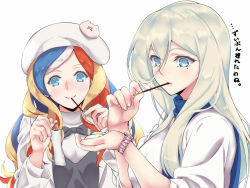 Rule 34 | 2girls, black bow, blue eyes, blue hair, blue scarf, bow, commandant teste (kancolle), eating, food, hair between eyes, hat, kantai collection, long sleeves, looking at watch, mole, mole under eye, mole under mouth, multicolored hair, multiple girls, pocky, pocky day, red hair, richelieu (kancolle), scarf, shingyou (alexander-13), smile, sweater, swept bangs, watch, white hair, white hat, white sweater, wristwatch