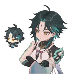 Rule 34 | 1boy, ahoge, arm tattoo, bad id, bad twitter id, bead necklace, beads, black gloves, black hair, closed mouth, crossed arms, empty eyes, facial mark, forehead mark, genshin impact, gloves, green hair, highres, jewelry, ma y yyyo, male focus, meme, multicolored hair, multiple views, necklace, orange eyes, reference inset, simple background, tattoo, upper body, white background, xiao (genshin impact)