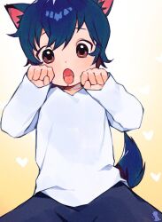Rule 34 | 1boy, ame (ookami kodomo), animal ears, blue hair, brown eyes, child, commentary, english commentary, heart, highres, long sleeves, looking at viewer, male focus, nemui (nemuriyagi), ookami kodomo no ame to yuki, open mouth, shirt, short hair, smile, tail, white shirt, wolf boy, wolf cub, wolf ears