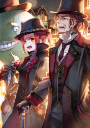 Rule 34 | 1boy, 1girl, bear, black coat, black headwear, black neckwear, bow, bowtie, coat, collared shirt, grey pants, grin, hand in pocket, hand on hilt, hat, highres, lens flare, long sleeves, monster, nail polish, necktie, night, open mouth, orange eyes, original, outdoors, pants, red hair, red nails, shirt, sho (sumika), short hair, short ponytail, smile, striped bow, striped bowtie, striped clothes, striped headwear, striped neckwear, striped shirt, white shirt, wing collar