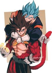 Rule 34 | absurdres, anger vein, biceps, black hair, blue eyes, blue sash, body fur, closed mouth, dougi, dragon ball, dragon ball heroes, dragon ball super, earrings, gloves, highres, jewelry, long hair, male focus, monkey boy, monkey tail, multiple boys, muscular, muscular male, no nipples, pants, pectorals, potara earrings, red fur, red hair, relio db318, saiyan, sash, simple background, smile, spiked hair, super saiyan, super saiyan 4, super saiyan blue, tail, time patrol (dragon ball), torn clothes, vegetto, vegetto (xeno)