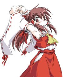 Rule 34 | 1girl, armpits, arms up, blush, brown eyes, brown hair, cowboy shot, detached sleeves, dress, female focus, hair tubes, hakurei reimu, interlocked fingers, long hair, no nose, red dress, simple background, solo, stretching, touhou, white background