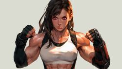 Rule 34 | 1girl, abs, alternate muscle size, arms up, black gloves, black shirt, broad shoulders, collarbone, dangle earrings, earrings, elbow gloves, fighting stance, final fantasy, final fantasy vii, final fantasy vii remake, gloves, jade law, jewelry, lips, long hair, looking at viewer, muscular, muscular arms, muscular female, red eyes, shirt, suspenders, tank top, tifa lockhart, upper body, vambraces, white tank top