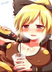 Rule 34 | 1girl, bad id, bad pixiv id, blonde hair, blush, bottle, bow, breasts, brown dress, brown eyes, collarbone, covered erect nipples, cup, dress, drinking glass, drooling, drunk, hair bow, ice, ice cube, kisaragi zwei, kurodani yamame, large breasts, open mouth, solo, touhou, upper body