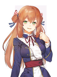 Rule 34 | 1girl, blue dress, blush, brown hair, dress, girls&#039; frontline, green eyes, hair between eyes, half-closed eyes, hand up, looking at viewer, military, military uniform, parted lips, sash, shovelwell, sidelocks, simple background, smile, solo, springfield (girls&#039; frontline), two side up, uniform, upper body, white background