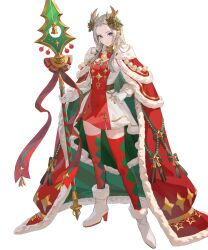 Rule 34 | 1girl, blue eyes, cape, diamond print, dress, edelgard von hresvelg, edelgard von hresvelg (snowfall future), fake horns, fire emblem, fire emblem: three houses, fire emblem heroes, gloves, green cape, hand on own hip, high heels, highres, holding, holding polearm, holding weapon, horns, long hair, looking at viewer, multicolored clothes, multicolored dress, nintendo, non-web source, official alternate costume, official art, polearm, red cape, red dress, red thighhighs, smile, solo, teffish, thighhighs, weapon, white dress, white footwear, white gloves, white hair