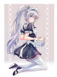 Rule 34 | 1girl, alternate costume, apron, black dress, blue eyes, bow, dress, earrings, enmaided, frilled apron, frilled thighhighs, frills, highres, iesupa, jewelry, long hair, maid, maid apron, maid headdress, mary janes, ponytail, puffy short sleeves, puffy sleeves, rwby, scar, scar across eye, scar on face, shoes, short sleeves, side ponytail, solo, thighhighs, waist apron, weiss schnee, white apron, white hair, white thighhighs, wrist cuffs