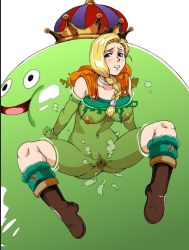 Rule 34 | 1girl, bianca (dq5), blonde hair, blue eyes, blush, boots, braid, breasts, cape, censored, crown, dragon quest, dragon quest v, feet, groin, highres, large breasts, legs, long hair, looking at viewer, machwing, monster, mosaic censoring, pussy, rape, simple background, single braid, slime, spread legs, thighs, torn clothes, white background