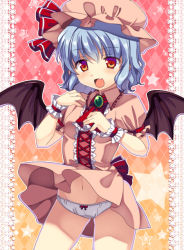 Rule 34 | 1girl, :d, argyle, argyle background, argyle clothes, ascot, bad id, bad pixiv id, bat wings, blue hair, blush, bow, bow panties, brooch, female focus, groin, hat, hat ribbon, jewelry, matatabi maru, midriff, navel, open mouth, outline, panties, red eyes, remilia scarlet, ribbon, skirt, skirt flip, smile, solo, star (symbol), touhou, underwear, white panties, wings, wrist cuffs