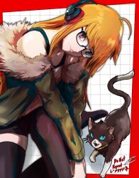 Rule 34 | 1girl, absurdres, ahoge, behind-the-head headphones, black shorts, black thighhighs, blue eyes, border, cat, closed mouth, fur-trimmed jacket, fur trim, glasses, green jacket, grid background, headphones, highres, jacket, leaning to the side, lips, looking at viewer, morgana (persona 5), orange hair, persona, persona 5, purple eyes, rae ariadne, red border, sakura futaba, short shorts, shorts, signature, sitting, smile, thighhighs