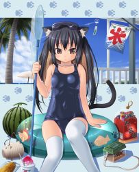 Rule 34 | 00s, 1girl, :t, amamiya minato, animal ears, bad id, bad pixiv id, beetle, black hair, brown eyes, bug, butterfly net, cameltoe, cat ears, cat tail, corn, diving mask, food, fruit, goggles, hand net, hat, highres, innertube, insect, k-on!, kooribata, long hair, nakano azusa, net, one-piece swimsuit, paw print, pout, school swimsuit, shaved ice, solo, straw hat, swim ring, swimsuit, tail, taiyaki, thighhighs, twintails, wagashi, watermelon, white thighhighs