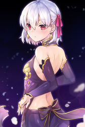 Rule 34 | 1girl, back, bare shoulders, blush, breasts, detached sleeves, dress, earrings, fate/grand order, fate (series), gradient background, hair ribbon, halterneck, highres, jewelry, kama (fate), kama (first ascension) (fate), looking at viewer, looking back, purple dress, red eyes, ribbon, ring, samoore, short hair, silver hair, small breasts, solo