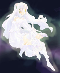 Rule 34 | 00s, 1girl, :o, boots, flower, flower eyepatch, hair flower, hair ornament, invisible chair, kirakishou, long hair, looking at viewer, own hands together, rozen maiden, sitting, solo, thigh boots, thighhighs, two side up, very long hair, white hair, yellow eyes