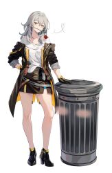 Rule 34 | 1girl, baggy clothes, bare legs, blush, blush stickers, boots, flower, flower in mouth, full body, gloves, grey hair, hand on own hip, heart, high heel boots, high heels, highres, honkai: star rail, honkai (series), jacket, miniskirt, mirei-yume, red flower, red rose, rose, shirt, simple background, skirt, solo, stelle (honkai: star rail), t-shirt, trailblazer (honkai: star rail), trash can, white background, yellow eyes
