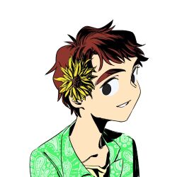 Rule 34 | 1boy, digimon, flower, hair flower, hair ornament, izumi koshiro, male focus, smile, solo, sunflower, sunflower hair ornament