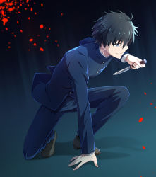 Rule 34 | 1boy, absurdres, ahoge, azami masurao, black hair, blood, blue eyes, blue jacket, blue pants, brown footwear, buttons, commentary request, evil grin, evil smile, grin, highres, holding, holding knife, holding weapon, jacket, knife, long sleeves, looking away, male focus, melty blood, nanaya shiki, on one knee, pants, school uniform, shoes, short hair, smile, solo, teeth, tohno shiki, tsukihime, weapon