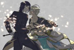 Rule 34 | 2boys, abs, aladdin (sinoalice), bare pectorals, black hair, blonde hair, blue eyes, bridal gauntlets, butler, collarbone, fighting, formal, gloves, glowing, glowing eyes, grin, hair pulled back, halberd, hameln (sinoalice), highres, holding, holding weapon, looking at another, male focus, multiple boys, nagatekkou, pants, parted lips, pectorals, polearm, red eyes, scythe, short hair, sinoalice, skky3, smile, suit, teeth, waist cape, weapon, white gloves
