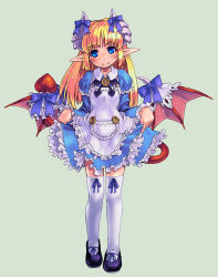 Rule 34 | 1girl, alice (monster girl encyclopedia), bad id, bad pixiv id, bat wings, blonde hair, blue eyes, blush, clothes lift, demon tail, dress, dress lift, frills, horns, kenkou cross, long hair, lowres, monster girl, monster girl encyclopedia, official art, original, pointy ears, solo, tail, thighhighs, white thighhighs, wings
