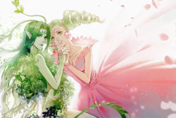 Rule 34 | 1girl, 2girls, bingxiaojian, blonde hair, cardcaptor sakura, clow card, dress, drill hair, earrings, expressionless, flower (clow card), flower earrings, green eyes, green hair, green lips, holding hands, highres, interlocked fingers, jewelry, leaf, light green hair, lips, long hair, looking at another, looking at viewer, monster girl, multiple girls, parted lips, petals, pink dress, plant, plant girl, pointy ears, teeth, twintails, upper body, vines, wood (clow card)