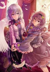 Rule 34 | 2girls, ahoge, bow, bowtie, brooch, closed mouth, curtains, dancing, dress, eyeball, feathers, fingers together, frilled skirt, frilled sleeves, frills, hairband, heart, indoors, jacket, jewelry, kishin sagume, komeiji satori, long sleeves, looking at another, multiple girls, open clothes, open jacket, pink hair, purple dress, purple shirt, red bow, red bowtie, shirt, silver hair, single wing, skirt, smile, third eye, touhou, white jacket, white wings, wide sleeves, window, wings, y2