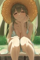 Rule 34 | 1girl, bare legs, bare shoulders, blue dress, blush, breasts, cleavage, closed mouth, collarbone, commentary request, dress, green hair, hair between eyes, hat, highres, idolmaster, idolmaster shiny colors, knees, kuwayama chiyuki, large breasts, long hair, looking at viewer, misanga (hxjd5354), sitting, smile, solo, straw hat, sundress, thighs, yellow eyes