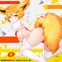 Rule 34 | 1girl, animal ears, ass, bare shoulders, bikini, blonde hair, blush, breasts, cameltoe, commentary request, copyright name, creatures (company), fingernails, fox ears, fox girl, fox tail, from behind, fur collar, game freak, gen 1 pokemon, hair between eyes, highres, jiujiuyatou (yayanzz), jolteon, large breasts, legs, long fingernails, looking at viewer, looking back, medium breasts, nail polish, nintendo, personification, pokemon, red bikini, red nails, short hair, signature, solo, swimsuit, tail, thighhighs, underboob, white thighhighs, yellow eyes