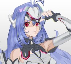 Rule 34 | 1girl, android, artist request, bare shoulders, blue hair, breasts, expressionless, forehead protector, gloves, kos-mos, kos-mos re:, long hair, looking at viewer, nintendo, red eyes, simple background, solo, very long hair, xenoblade chronicles (series), xenoblade chronicles 2, xenoblade chronicles (series), xenoblade chronicles 2, xenosaga