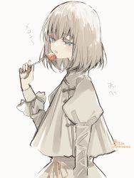 Rule 34 | 1girl, blush, copyright request, food, fork, grey background, grey eyes, grey hair, half-closed eyes, hand up, highres, holding, holding fork, juliet sleeves, long sleeves, parted lips, puffy sleeves, shirt, signature, simple background, skirt, sofra, solo, teeth, translation request, twitter username, upper teeth only, white shirt, white skirt
